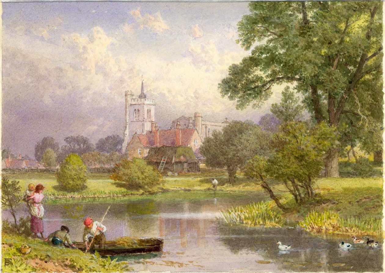 Elstow, Bedfordshire (John Bunyanin syntymäkoti) (bc ja wc kortissa). tekijältä Myles Birket Foster