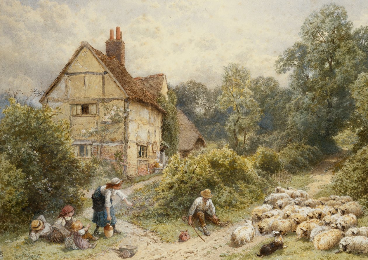 Fowl House Farm, Witley, lasten, paimen ja lammaslauma lähellä, tekijältä Myles Birket Foster