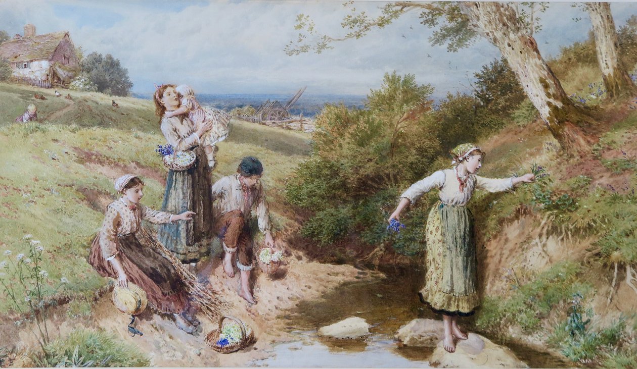 Primrosien ja kevätkukkien kerääminen tekijältä Myles Birket Foster