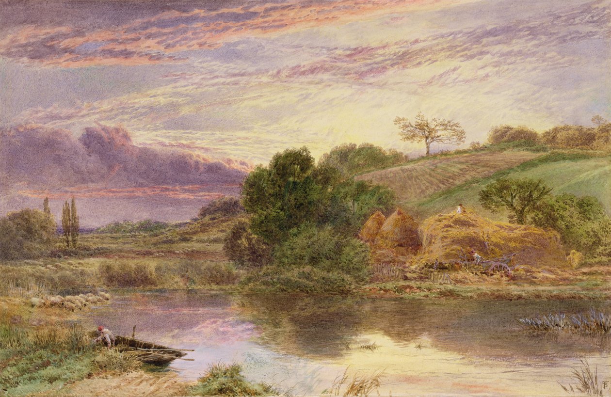 Heinäntekijät joen rannalla illalla (akvarelli korostettu valkoisella) tekijältä Myles Birket Foster