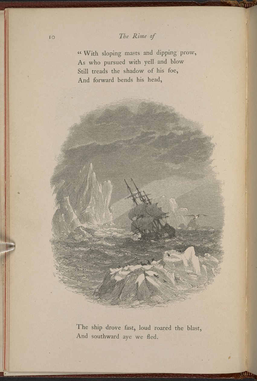 Kuvitus sivulla 10 Samuel Taylor Coleridgen teoksesta "The Rime of the Ancient Mariner" tekijältä Myles Birket Foster