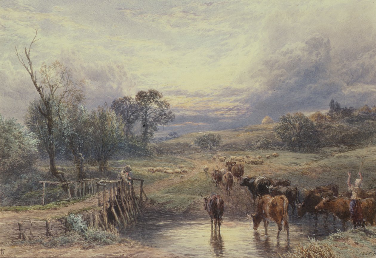 Maisema, jossa karja ja silta, 1800-luku tekijältä Myles Birket Foster