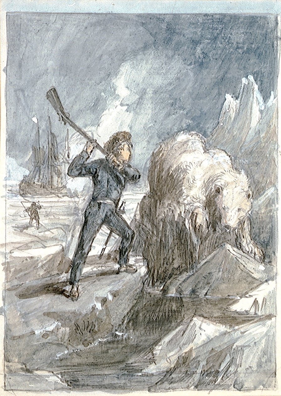 Nelson kohtaa karhun, n.1854 (harmaa pesu, valkoisella korotettu, akvarelli, grafiitti). tekijältä Myles Birket Foster