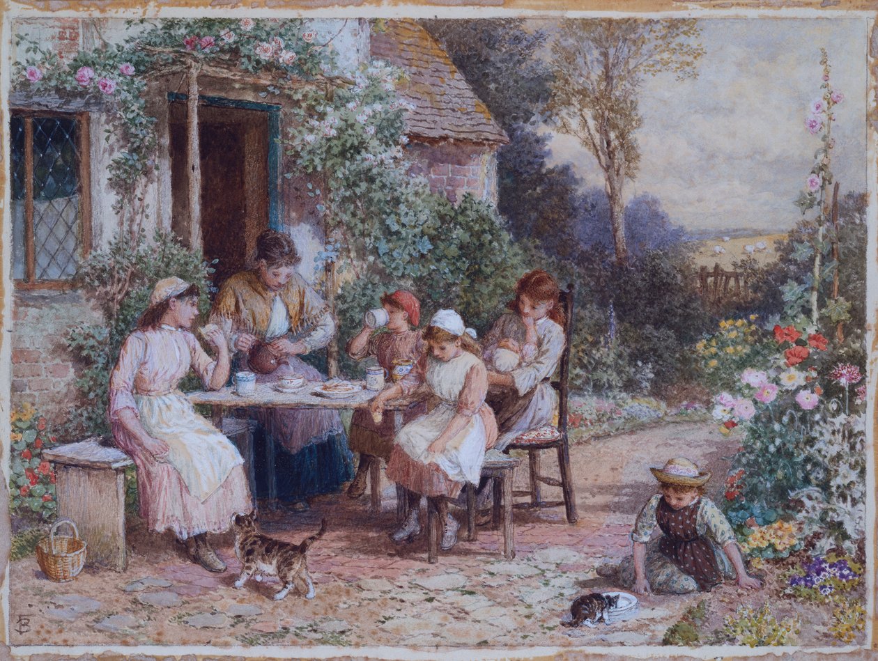 Teeaika (kortilla valkoisella korotettu kynä ja akvarelli) tekijältä Myles Birket Foster
