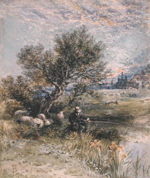 Angler (akvarelli vartalovärillä paperille) tekijältä Myles Birket Foster