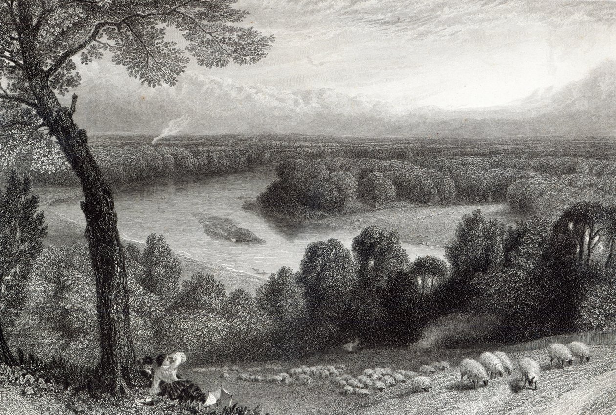 Thames Richmond Hillistä, kaiverrus J. Saddler, painatus Cassell, Petter und Galvin tekijältä Myles Birket Foster