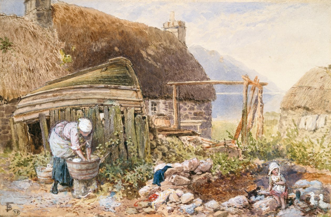Pesupäivä Balmarcarassa, n. 1860 (akvarelli paperille) tekijältä Myles Birket Foster