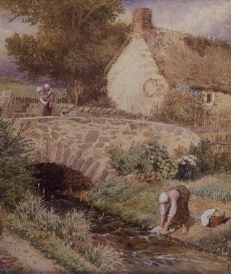 Nainen pesee vaatteita virrassa tekijältä Myles Birket Foster