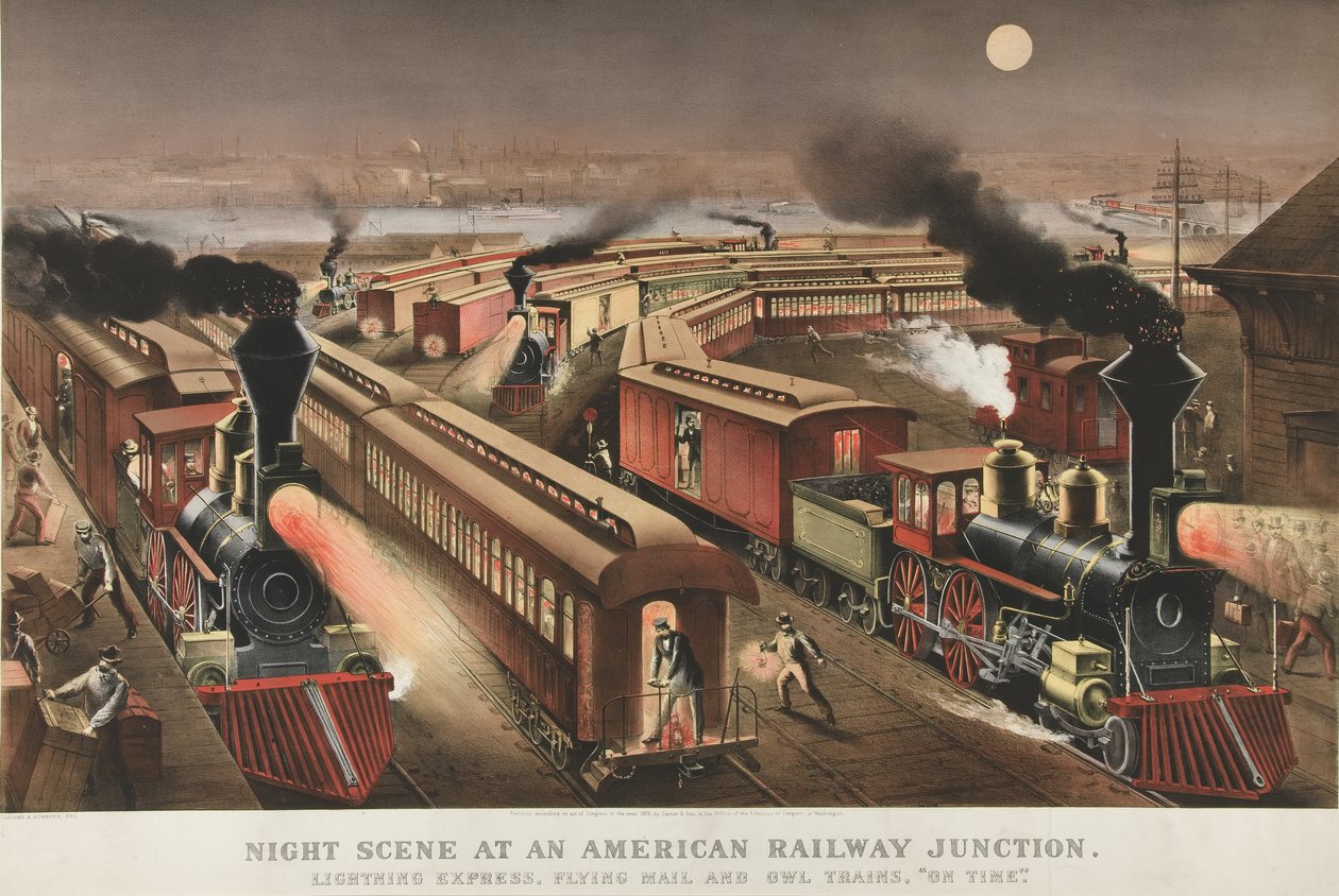 Yökohtaus American Railway Junctionissa, 1876 tekijältä Nathaniel Currier