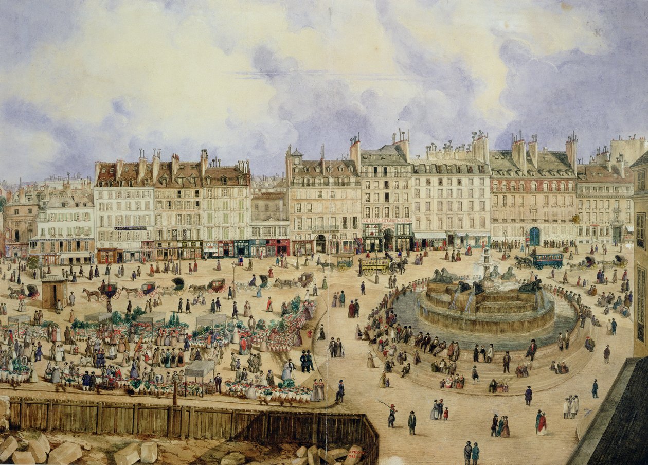 Näkymä Place de la Republiquelle ja suihkulähteelle, 1848 (wc paperilla) tekijältä N. Pelcocq