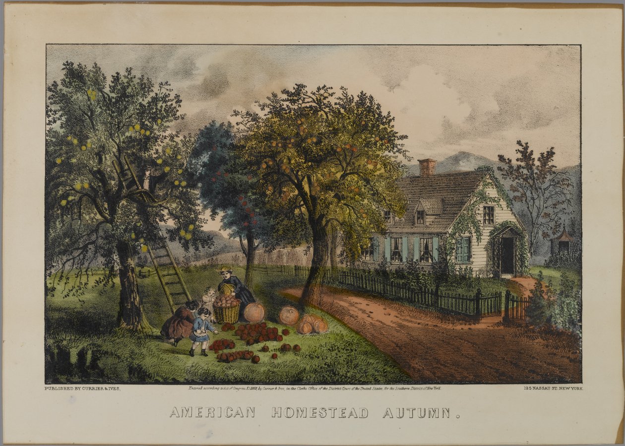 American Homestead Autumn, 1868-69 (käsinvärinen lito) tekijältä N. and Ives, J.M. Currier