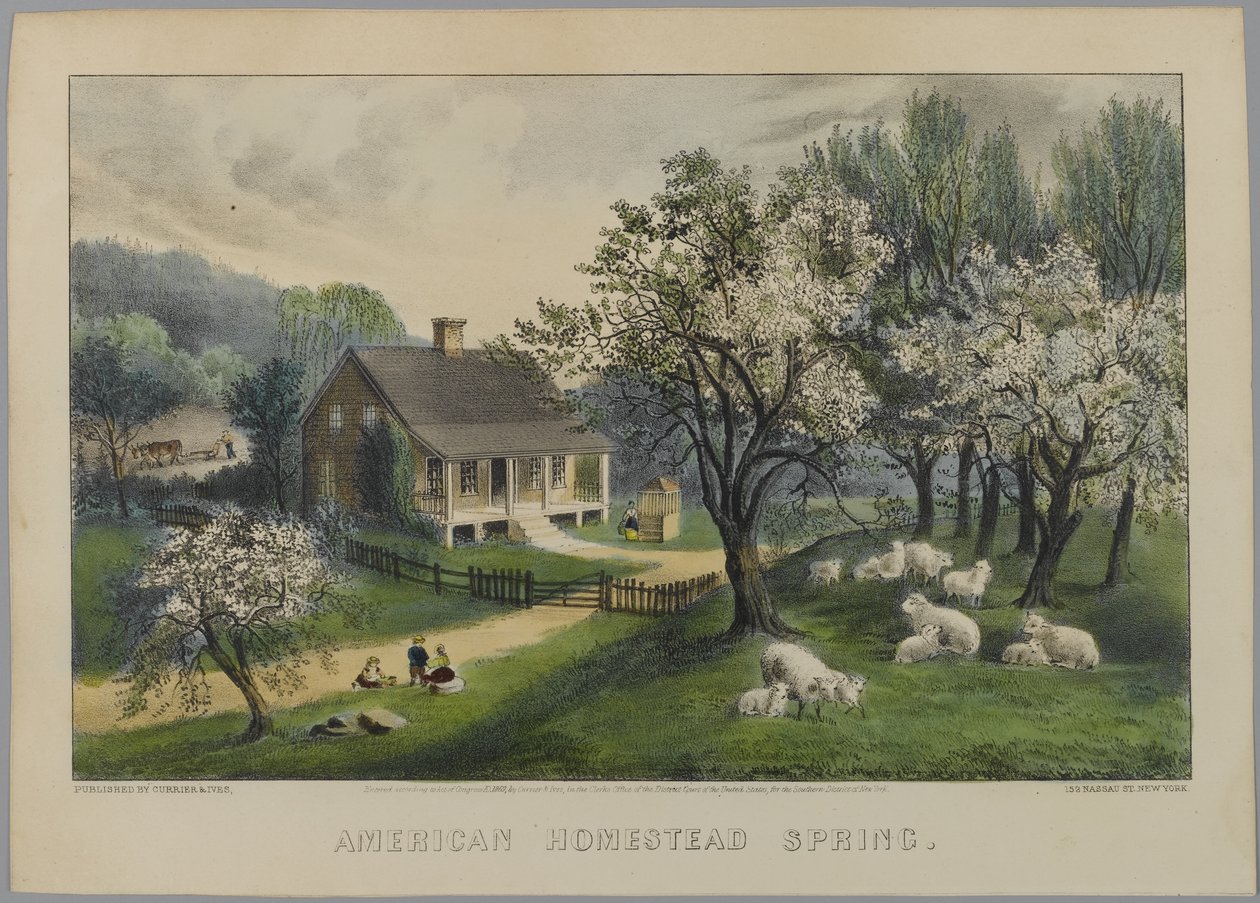 American Homestead Spring, 1868-69 (käsinvärinen lito) tekijältä N. and Ives, J.M. Currier