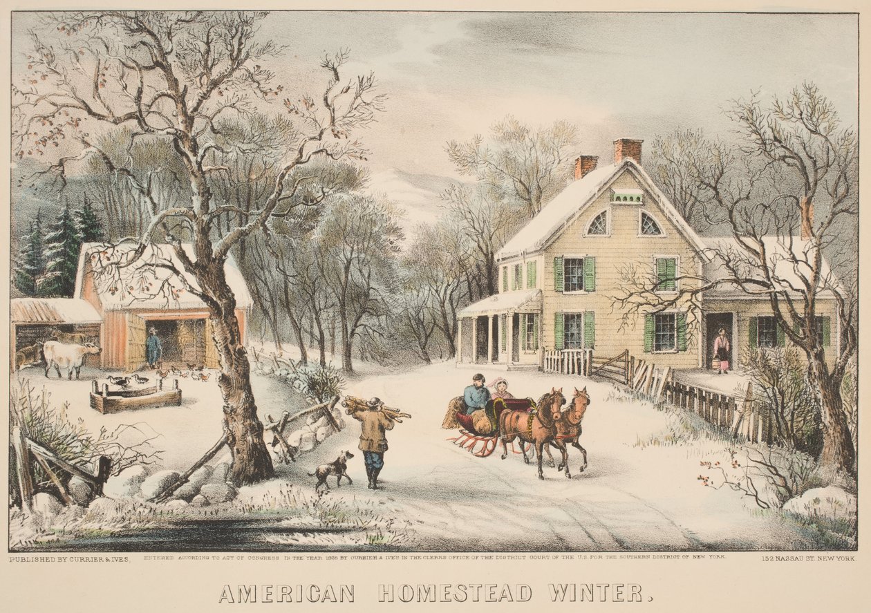 American Homestead Winter, 1868 (värillinen litho) tekijältä N. and Ives, J.M. Currier