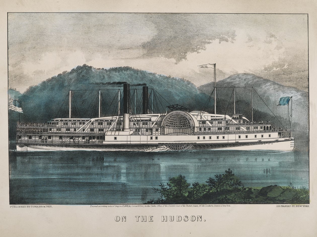 Hudsonilla, 1869 (käsinvärinen lito) tekijältä N. and Ives, J.M. Currier