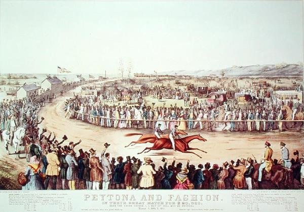 Peytona ja muoti loistavassa ottelussaan 20 000 dollarilla, 1845 tekijältä N. and Ives, J.M. Currier