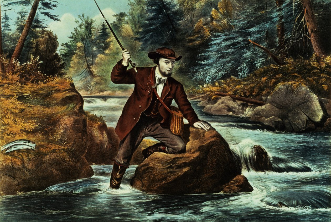 Purotaimenen kalastus – ahdistunut hetki, 1862 tekijältä N. and Ives, J.M. Currier