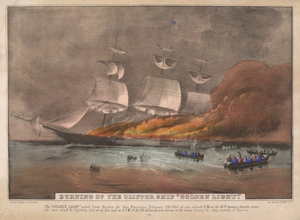 Clipper-laivan palaminen, "Golden Light", tekijältä N. and Ives, J.M. Currier
