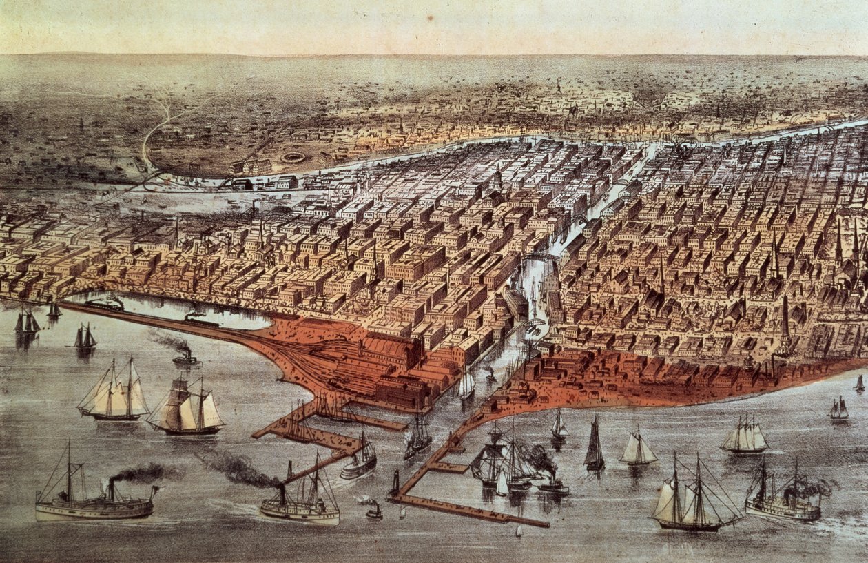 Chicago sellaisena kuin se oli, noin 1880 tekijältä N. and Ives, J.M. Currier