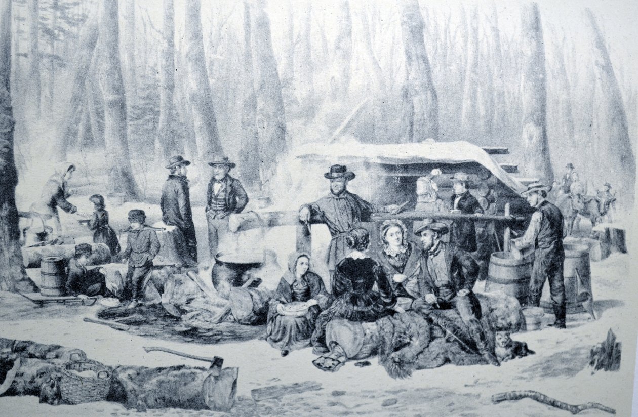 Currier & Ives Illustration 19th Century. Amerikkalainen metsäkuva, vaahteran sokerointi tekijältä N. and Ives, J.M. Currier