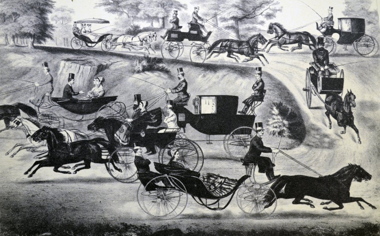 Currier & Ives -kuvitus 1800-luvulta. Muodikkaat esittelyt Central Parkissa tekijältä N. and Ives, J.M. Currier
