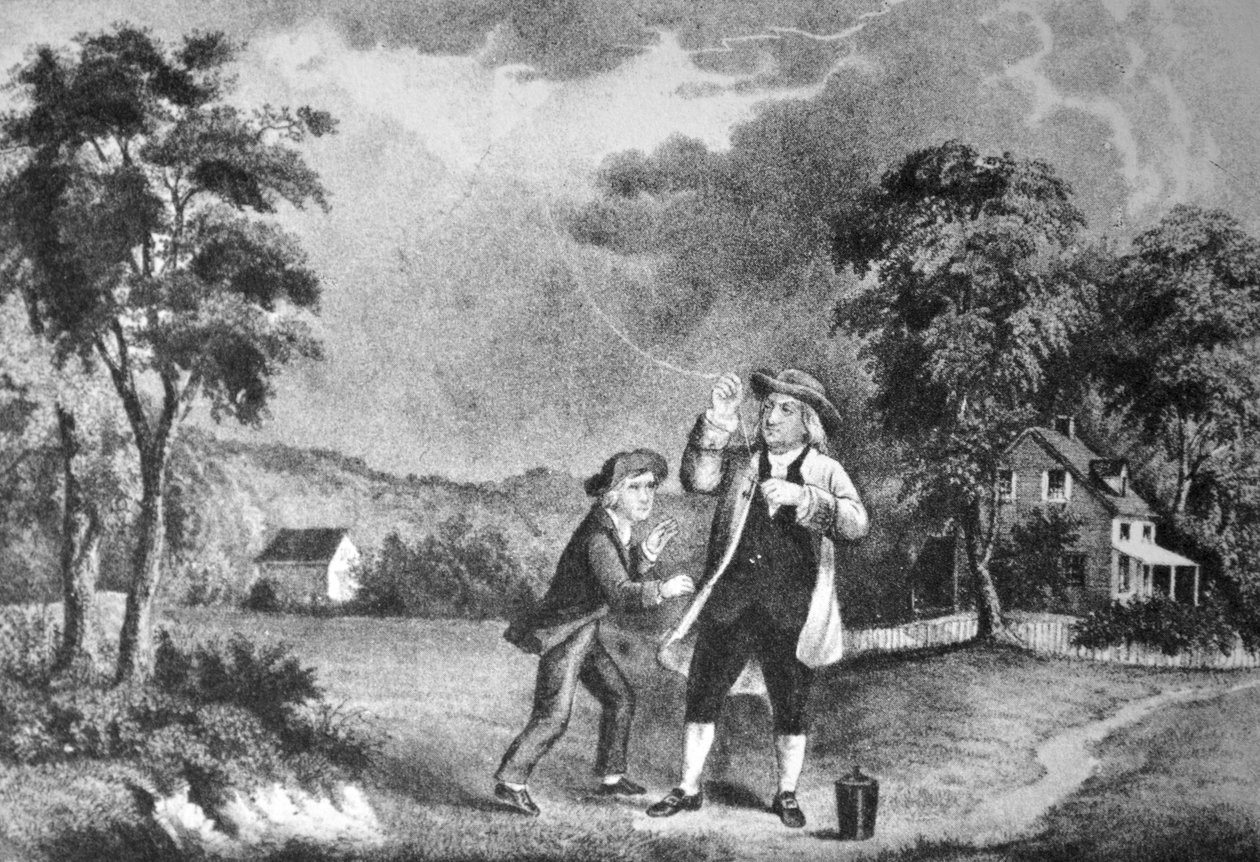 Currier & Ives -kuvitus 1800-luvulta. Franklinsin kokeilu, kesäkuu 1752 tekijältä N. and Ives, J.M. Currier