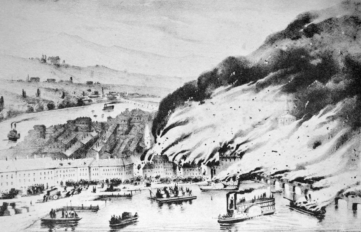 Currier & Ives -kuvitus 1800-luvulta. Suuri tulipalo Pittsburghissa, PA tekijältä N. and Ives, J.M. Currier
