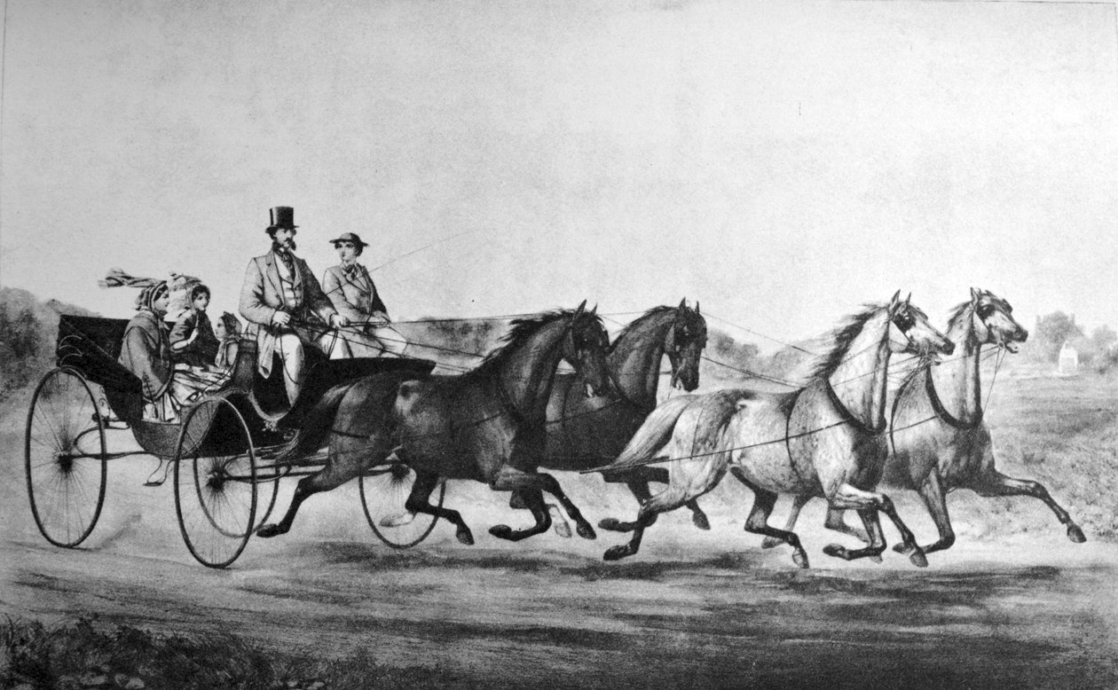 Currier & Ives -kuvitus 1800-luvulta. MINER, STEVENS & CO, ensimmäisen luokan vaunut ja kevyt vaunu tekijältä N. and Ives, J.M. Currier