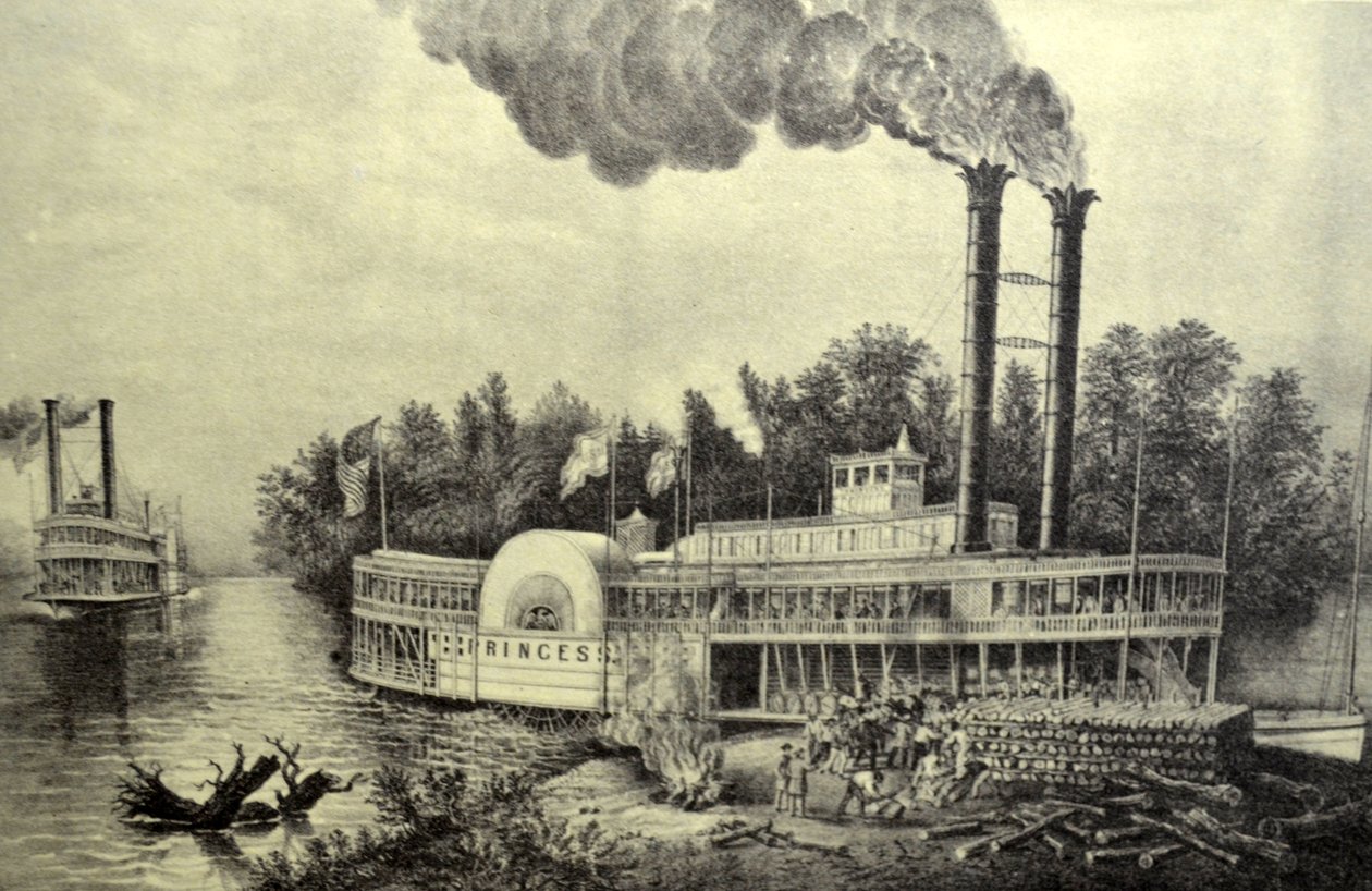 Currier & Ives -kuvitus 1800-luvulta. Mississippi-siipihöyrylaiva tekijältä N. and Ives, J.M. Currier