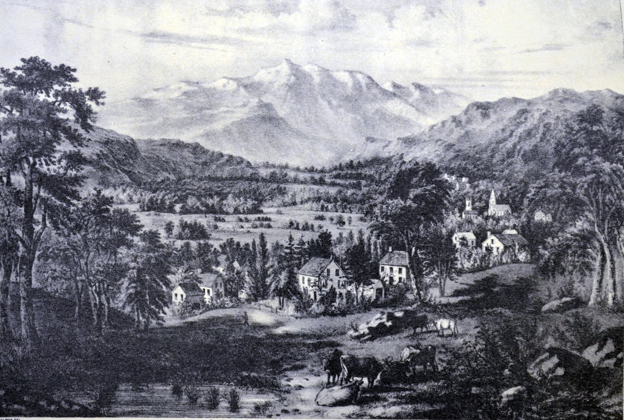 Currier & Ives -kuvitus 1800-luvulta. Mount Washington ja White Mountains. Conwayn laaksosta tekijältä N. and Ives, J.M. Currier