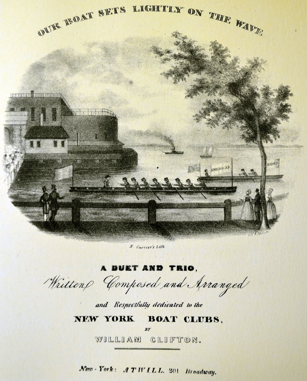 Currier & Ives -kuvitus 1800-luvulta. Veneemme laskeutuu kevyesti aallolle tekijältä N. and Ives, J.M. Currier