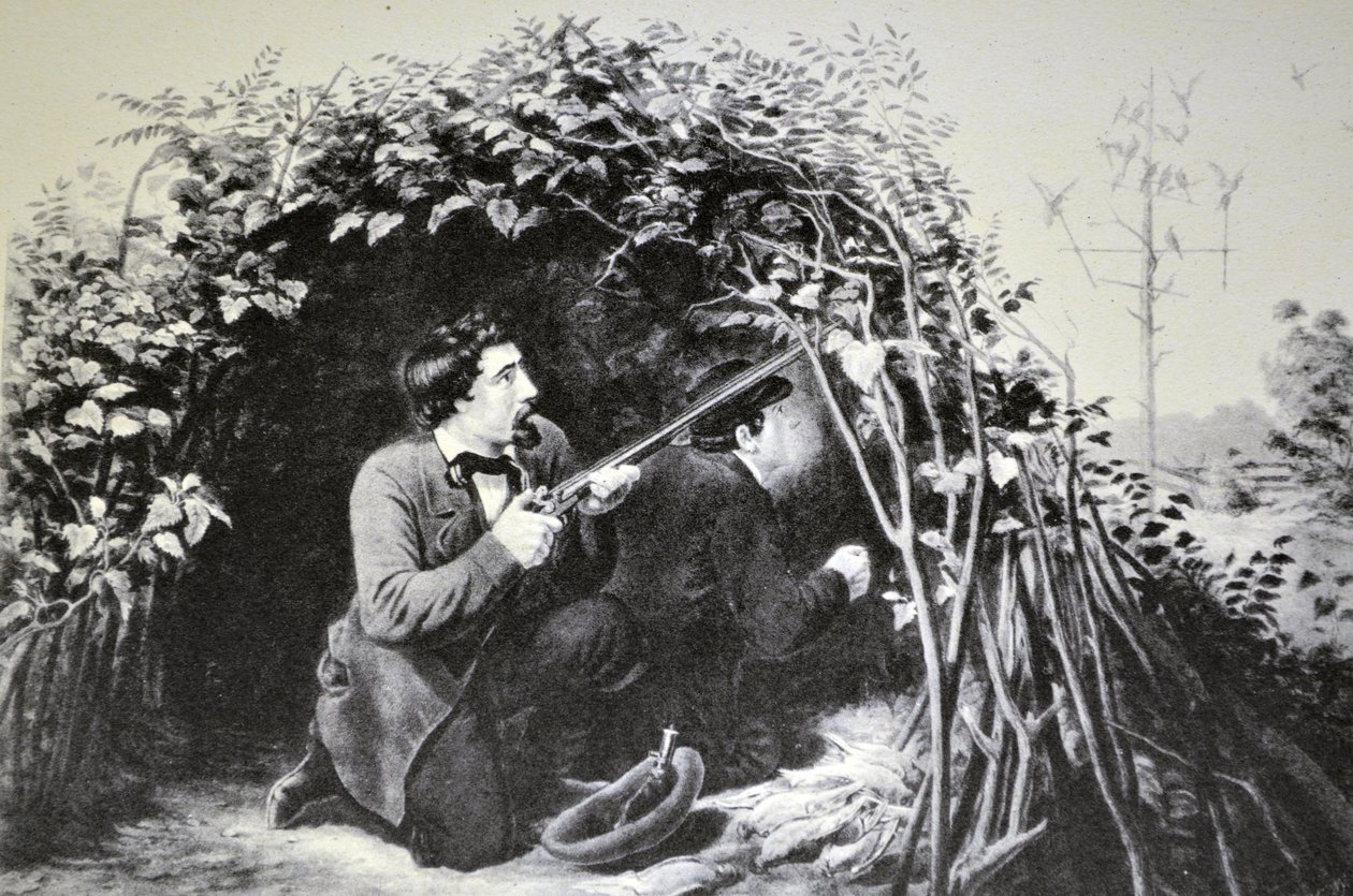 Currier & Ives -kuvitus 1800-luvulta. Kyyhkysten ammunta, houkuttimen pelaaminen tekijältä N. and Ives, J.M. Currier