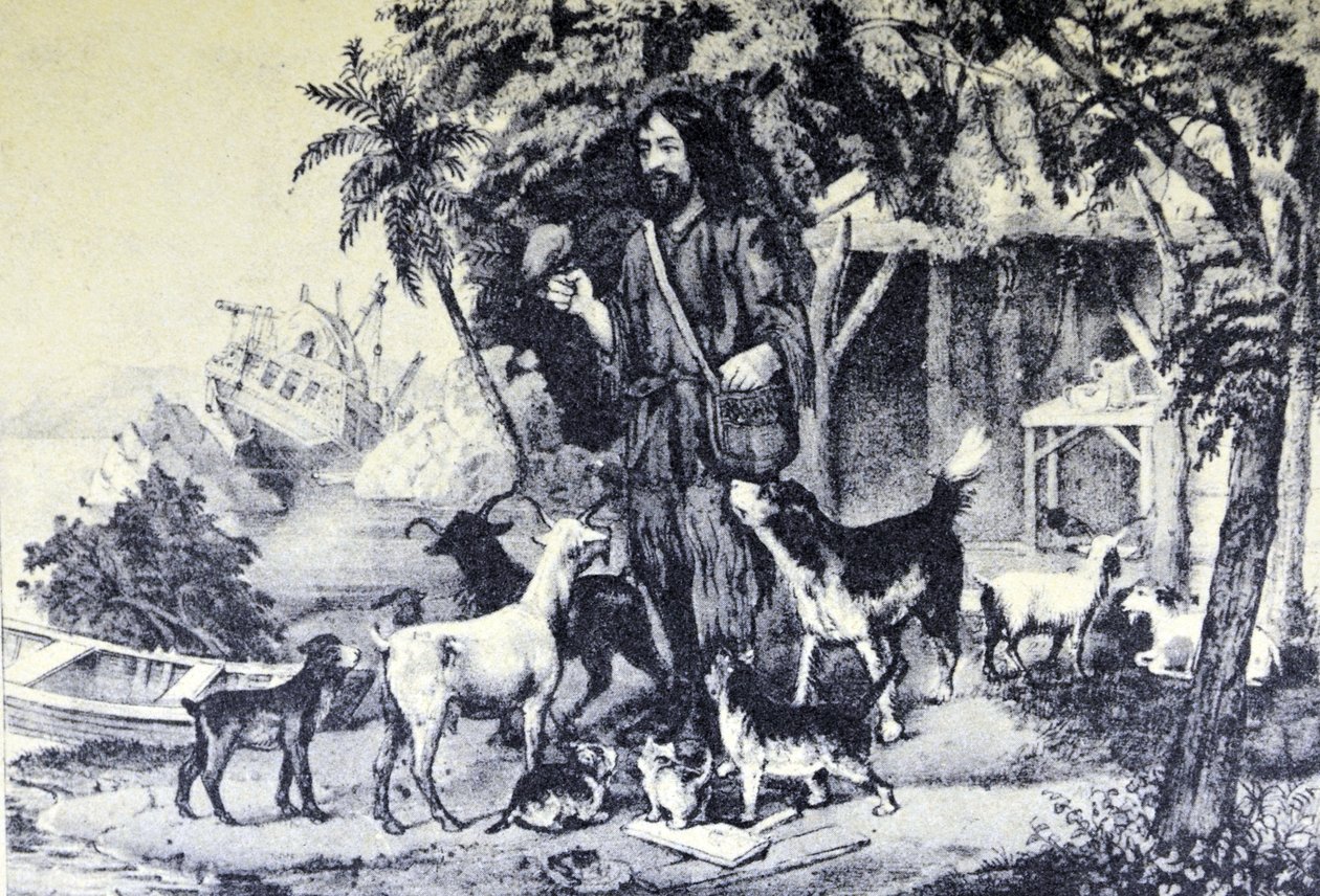 Currier & Ives -kuvitus 1800-luvulta. Robinson Crusoe ja hänen lemmikkinsä tekijältä N. and Ives, J.M. Currier