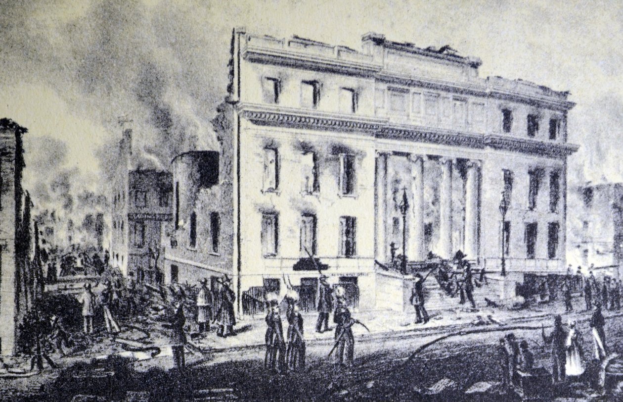 Currier & Ives -kuvitus 1800-luvulta. Kauppiaspörssin rauniot, New York tekijältä N. and Ives, J.M. Currier