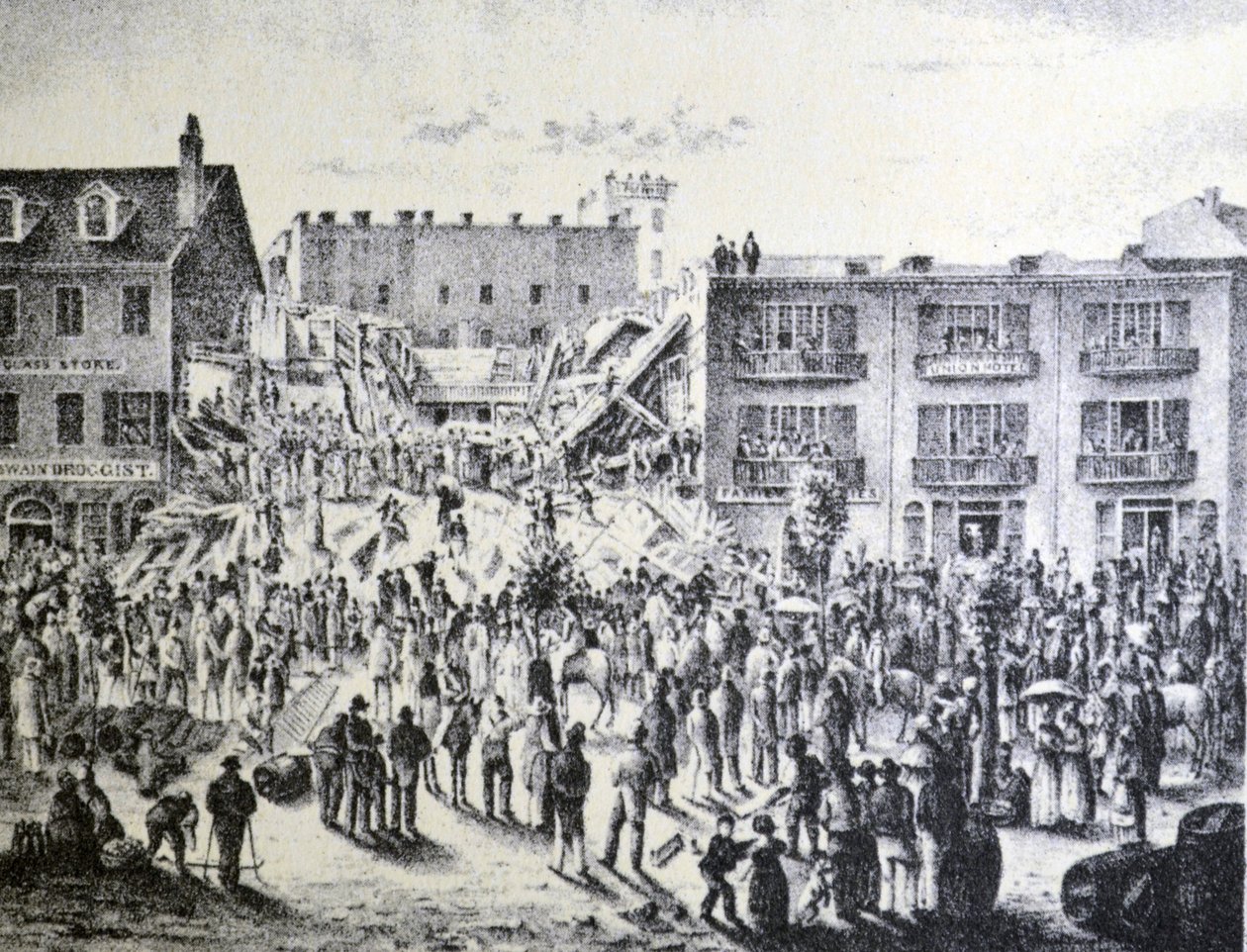 Currier & Ives -kuvitus 1800-luvulta. Planters-hotellin rauniot, New Orleans tekijältä N. and Ives, J.M. Currier