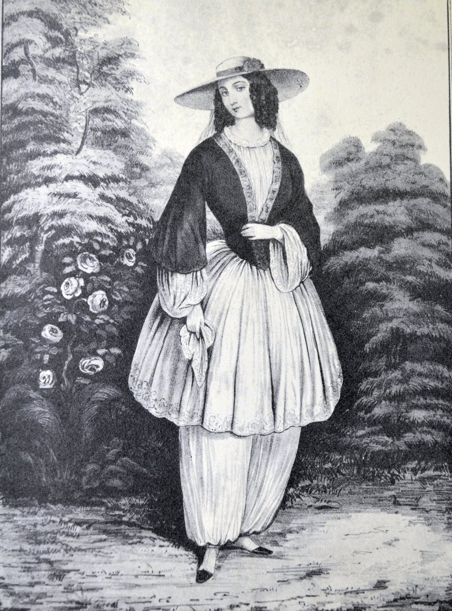 Currier & Ives -kuvitus 1800-luvulta. Bloomer-asu tekijältä N. and Ives, J.M. Currier