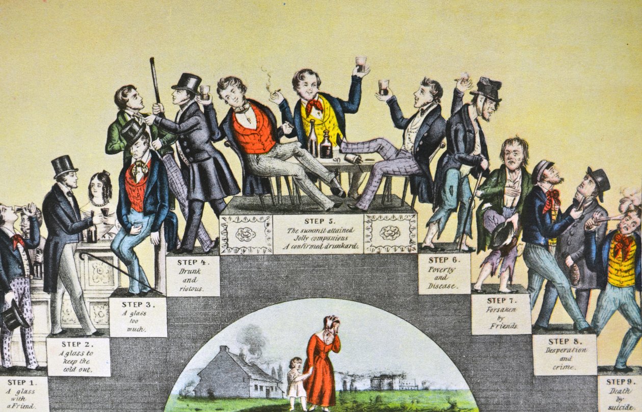 Currier & Ives -kuvitus 1800-luvulta. Drunkards edistyy ensimmäisestä lasista hautaan tekijältä N. and Ives, J.M. Currier