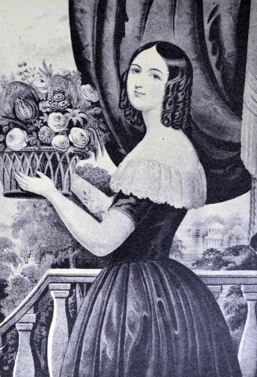 Currier & Ives -kuvitus 1800-luvulta. Kukkatyttö tekijältä N. and Ives, J.M. Currier