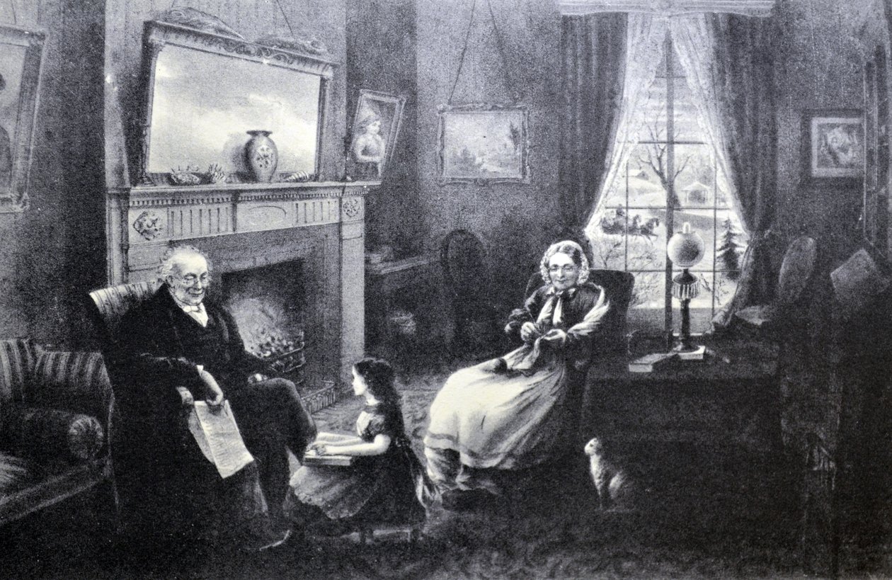 Currier & Ives -kuvitus 1800-luvulta. Elämän neljä vuodenaikaa: Vanhuus, Lepoaika tekijältä N. and Ives, J.M. Currier
