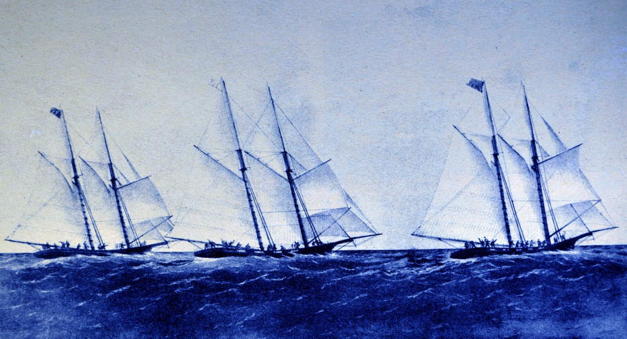 Currier & Ives -kuvitus 1800-luvulta. Great Ocean Yacht Race Henriettan, Fleetwingin ja Vestan välillä tekijältä N. and Ives, J.M. Currier