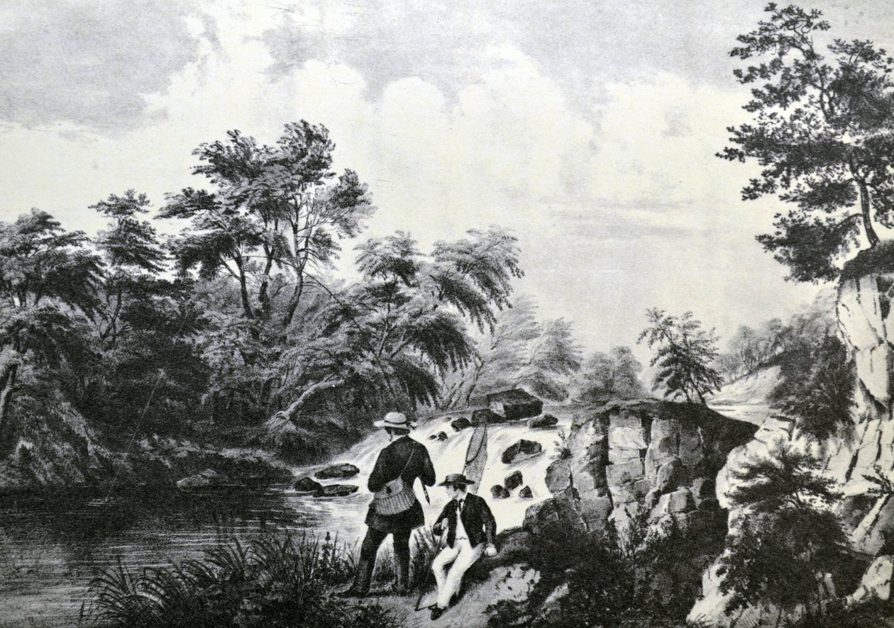 Currier & Ives -kuvitus 1800-luvulta. Trout Stream tekijältä N. and Ives, J.M. Currier