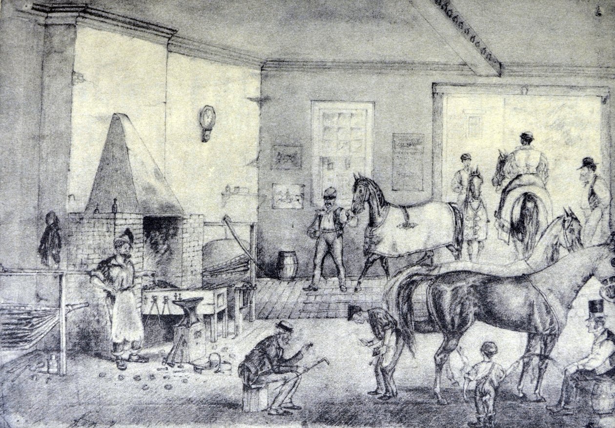 Currier & Ives -kuvitus 1800-luvulta. Ravihalkeamia Forgessa (alkuperäinen Thomas Worthin piirustus, josta printti tehtiin.) tekijältä N. and Ives, J.M. Currier