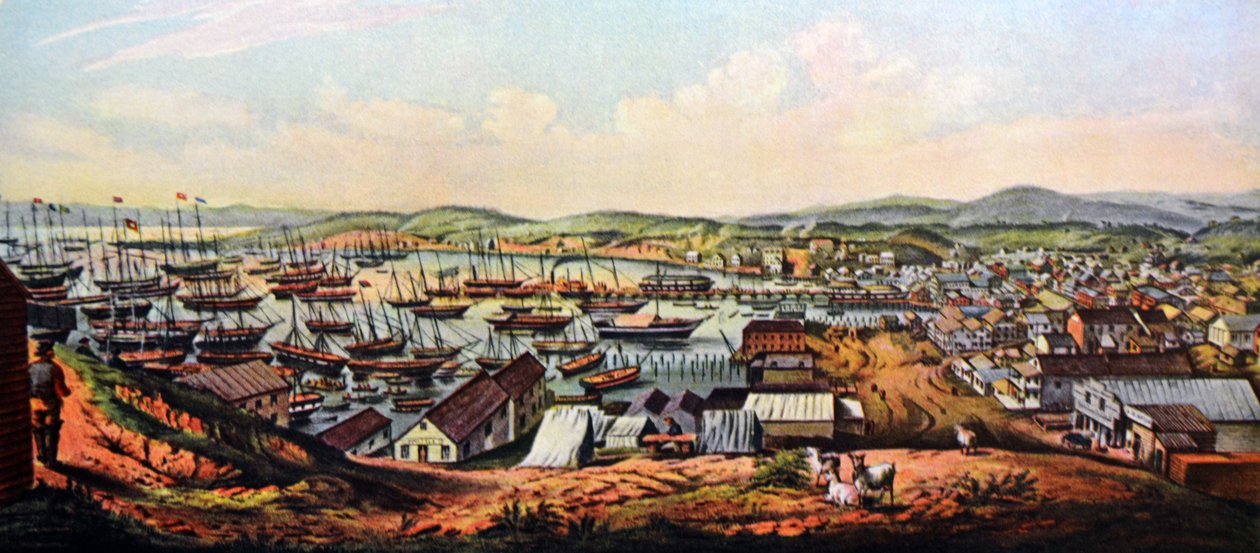 Currier & Ives -kuvitus 1800-luvulta. Näkymä San Franciscoon, Kaliforniaan tekijältä N. and Ives, J.M. Currier