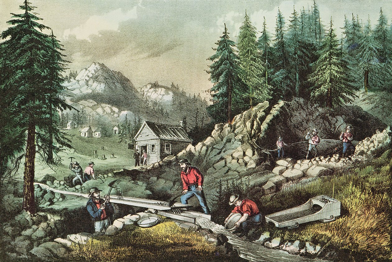 Kullankaivos Kaliforniassa, 1871 tekijältä N. and Ives, J.M. Currier