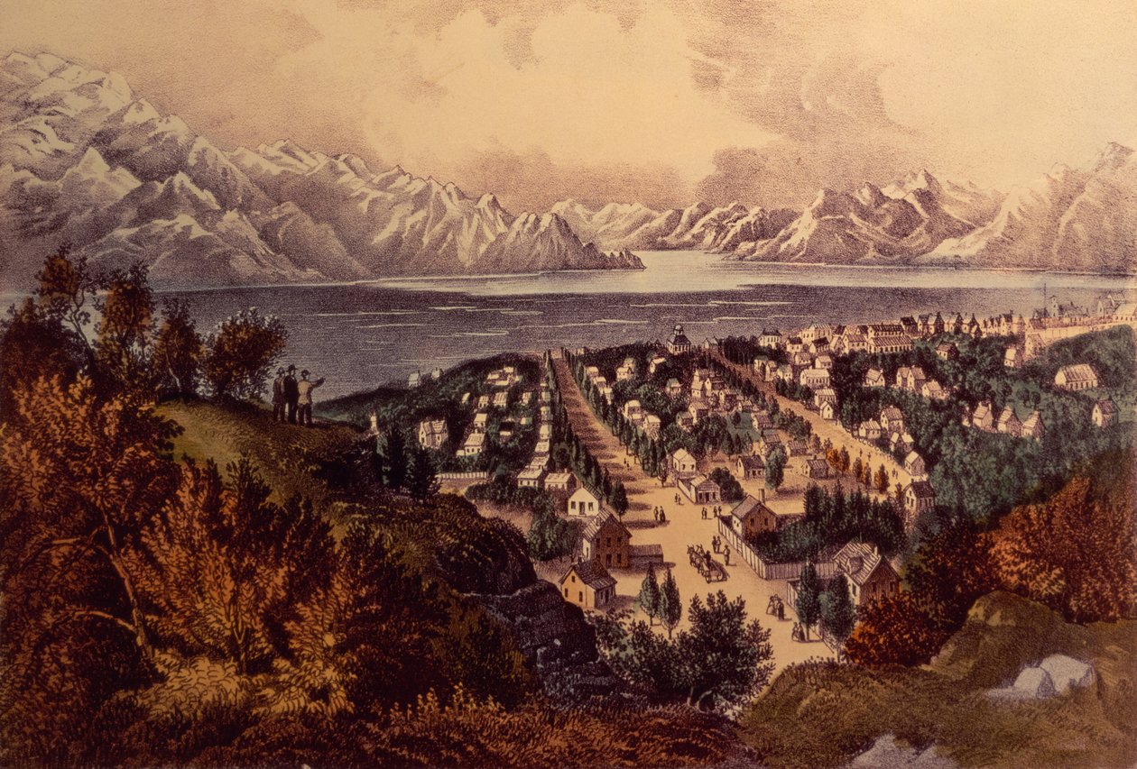 Great Salt Lake, Utah (väri litho) tekijältä N. and Ives, J.M. Currier