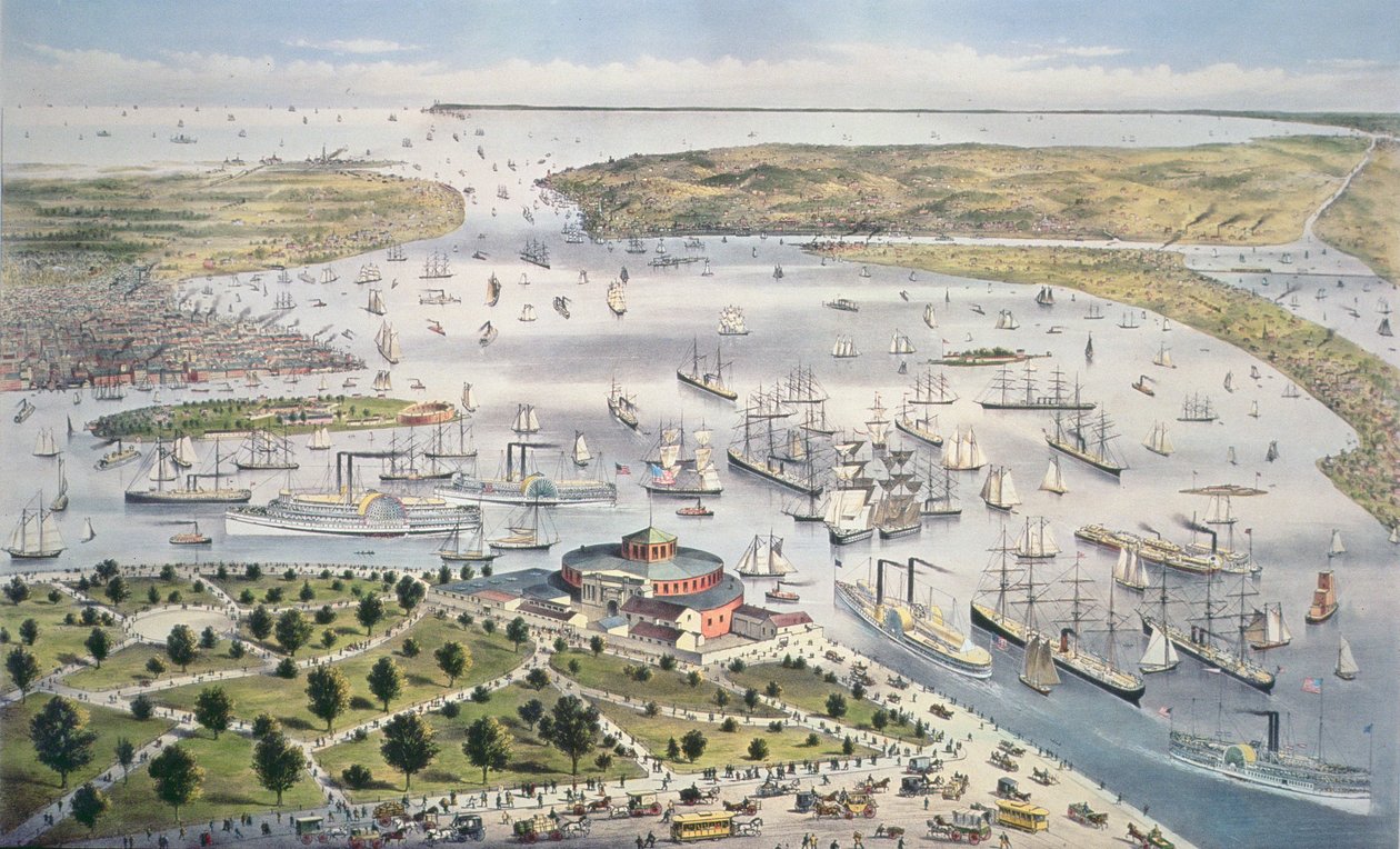 New Yorkin satama, etelään päin, noin 1880 tekijältä N. and Ives, J.M. Currier