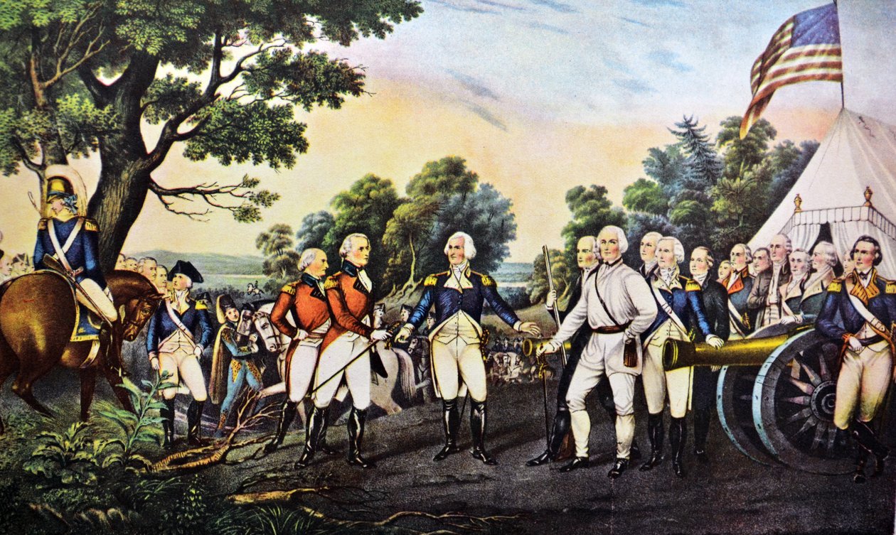 Kenraali Burgoynen antautuminen Saratoga N.Y:ssä 17. lokakuuta 1777 tekijältä N. and Ives, J.M. Currier