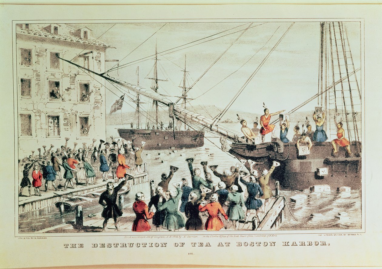 Bostonin teekutsut, 1846 (tulostus) tekijältä N. and Ives, J.M. Currier