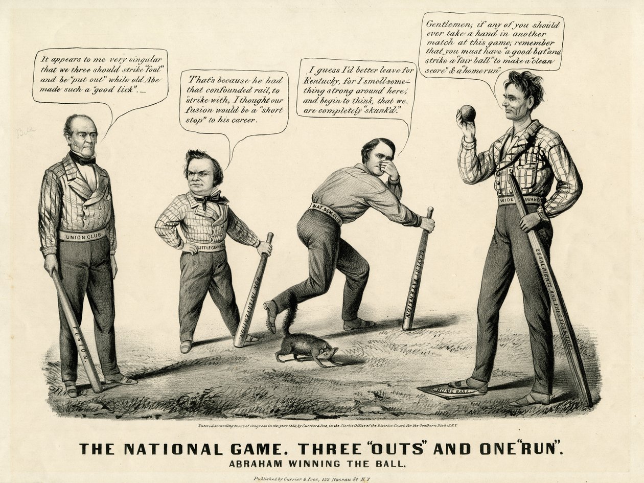National Game: Three Outs and One Run, Abraham voitti pallon, 1860 tekijältä N. and Ives, J.M. Currier