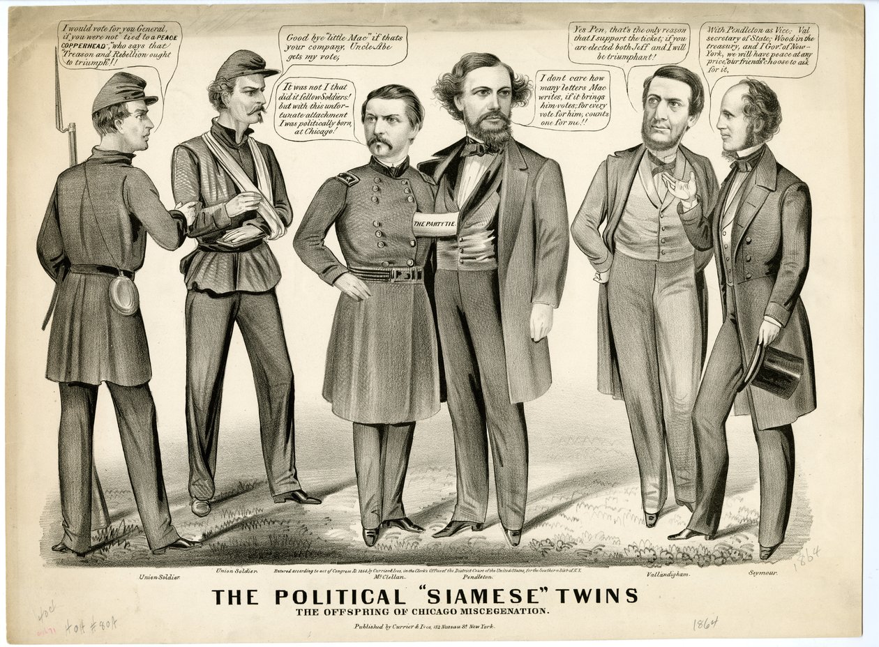 Poliittiset siamilaiset kaksoset, Chicagon sekalaisten jälkeläiset, 1864 tekijältä N. and Ives, J.M. Currier