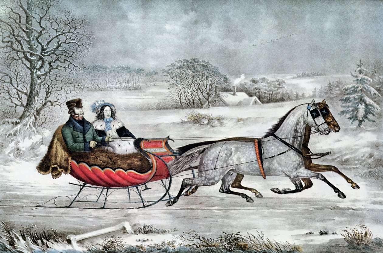 The Road - Winter (Currier ja hänen toinen vaimonsa Laura Ormsbee, 1843) tekijältä N. and Ives, J.M. Currier